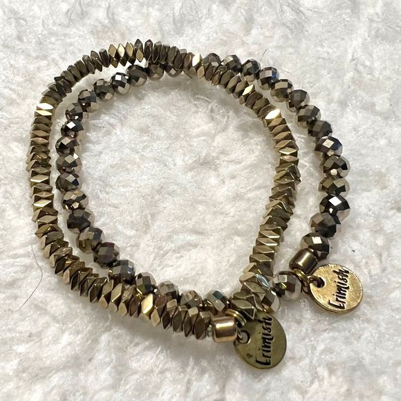 Lot of 2 Erimish Gold Tone Faceted Beads Logo Charm Elastic Bracelet - Picture 2 of 6